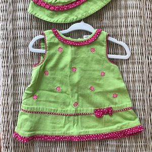 Pink and green corduroy dress and matching hat